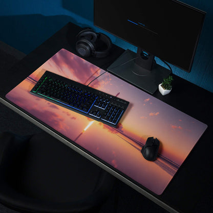 Epic Rocket Launch sunset gradient gaming mouse pad with bridge silhouette