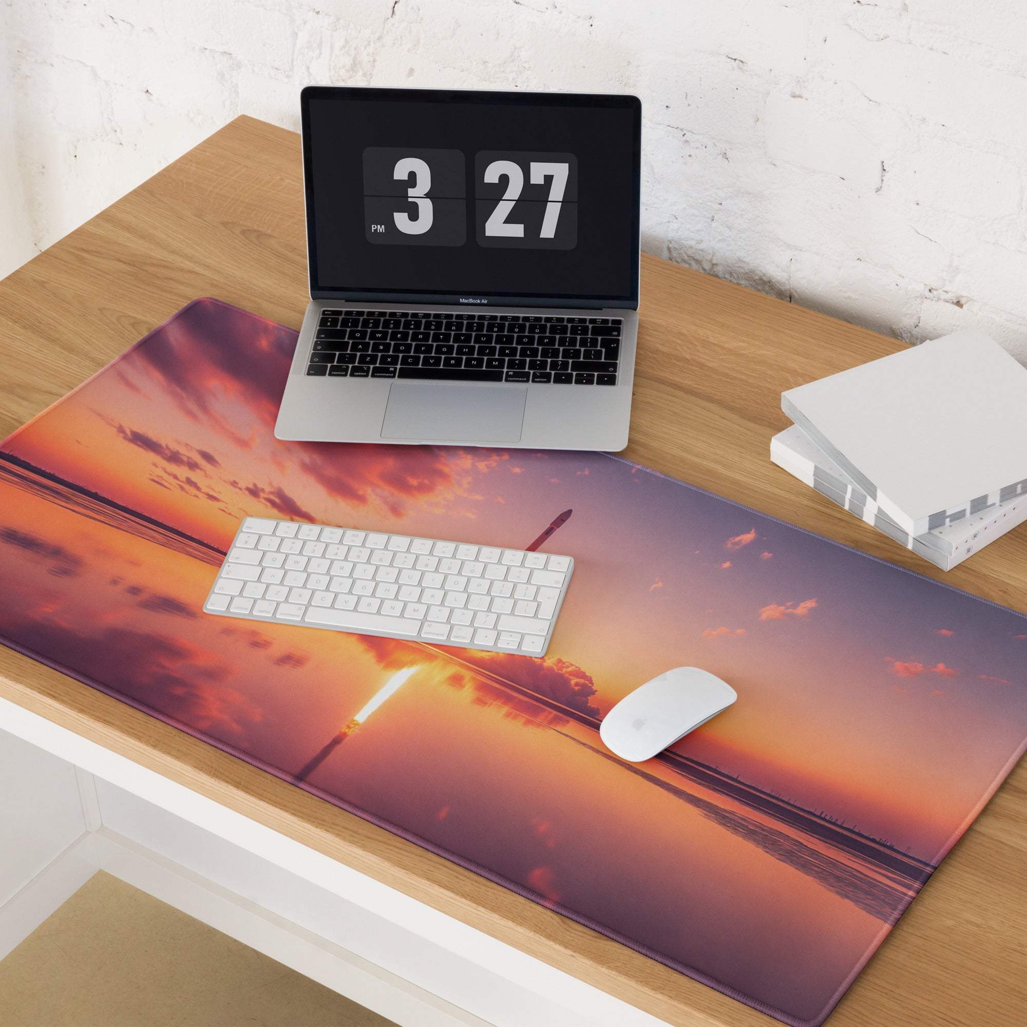 Epic Rocket Launch sunset gradient gaming mouse pad with bridge silhouette