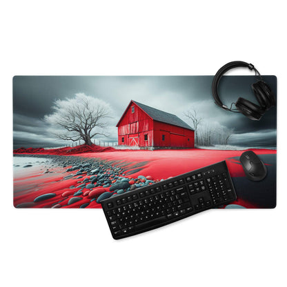 Red barn gaming mousepad with surreal landscape, non-slip base, stitched edges