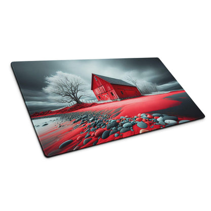 Large red barn stormy landscape glass cutting board with pebbles