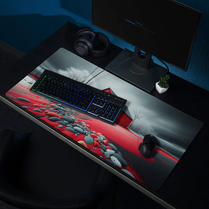 Large bold landscape red barn gaming mouse pad under keyboard and mouse