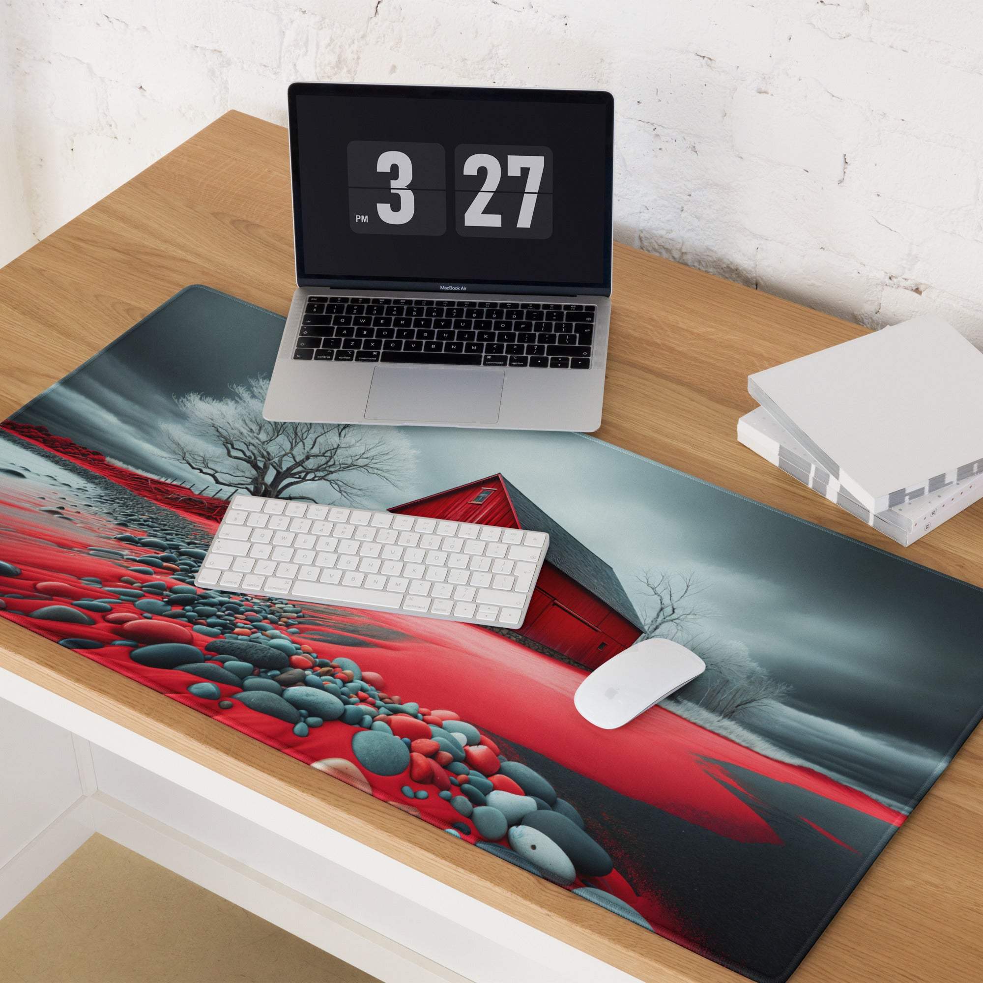 Large bold red barn landscape gaming mouse pad with non-slip base