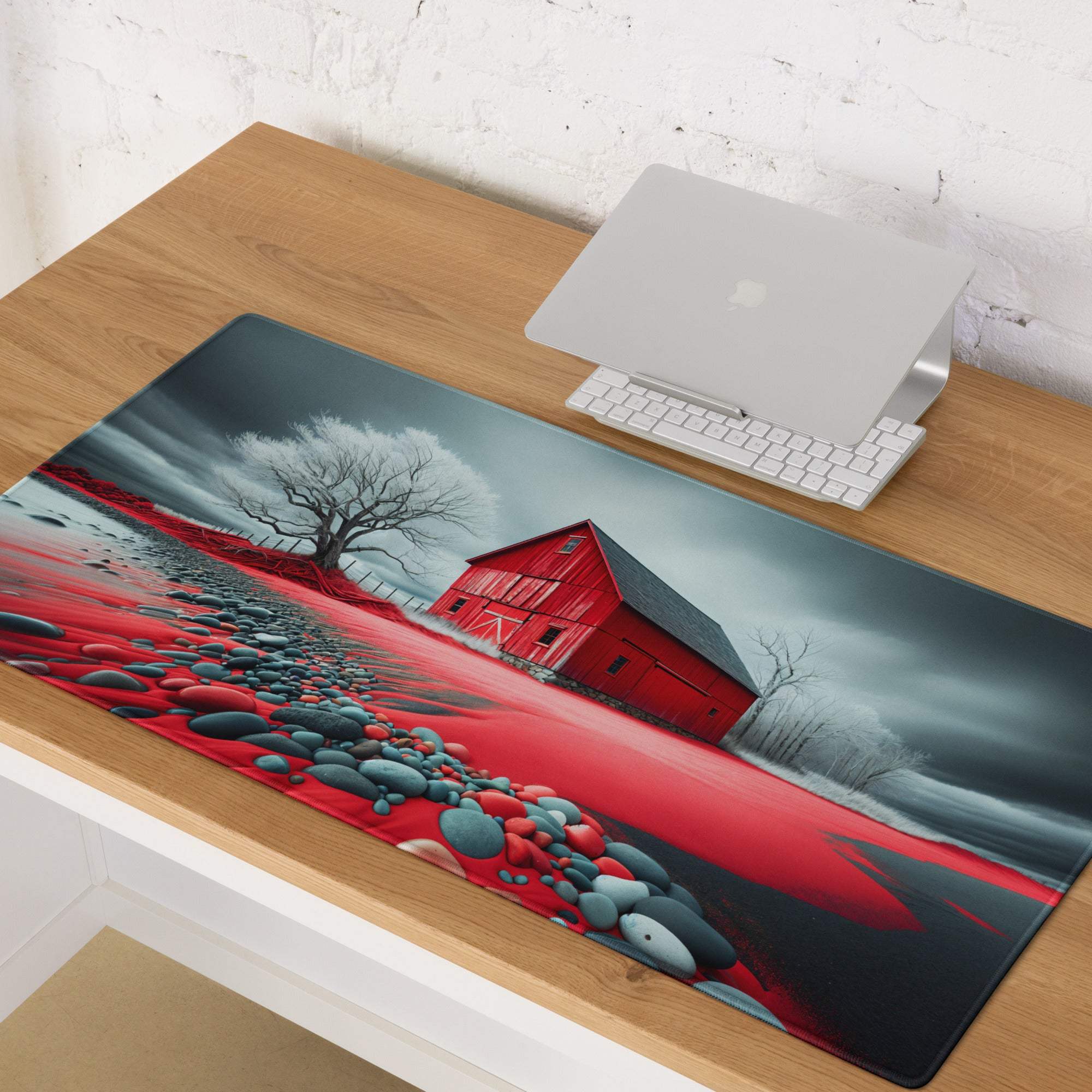 Red barn landscape gaming mouse pad with glossy finish and non-slip base