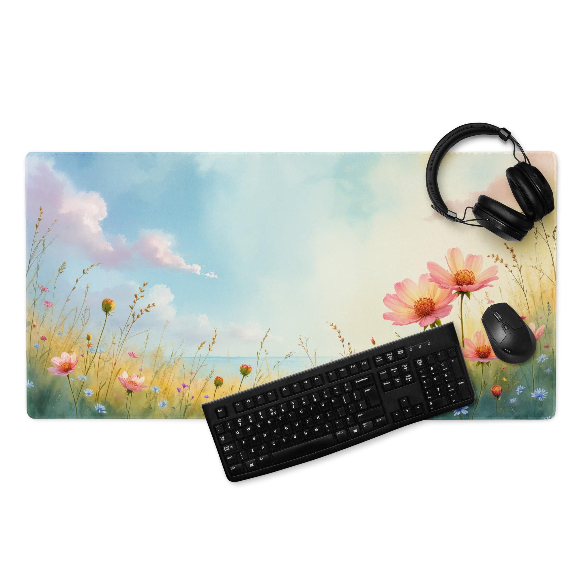 Pastel meadow gaming mouse pad with pink yellow cosmos flowers, large non-slip stitched base