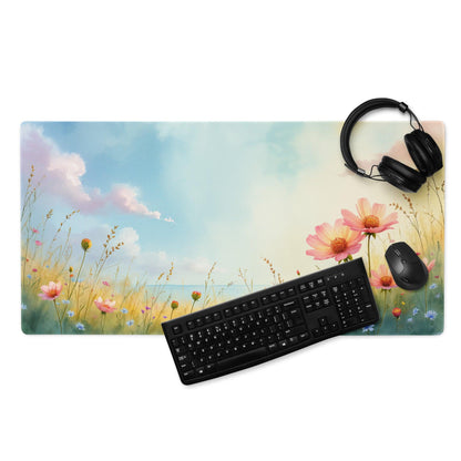 Pastel meadow gaming mouse pad with pink yellow cosmos flowers, large non-slip stitched base