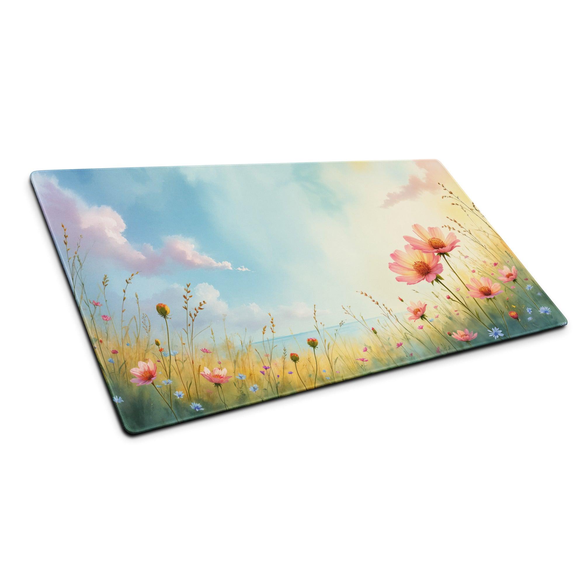 Pastel meadow gaming mouse pad with pink blue wildflowers scene