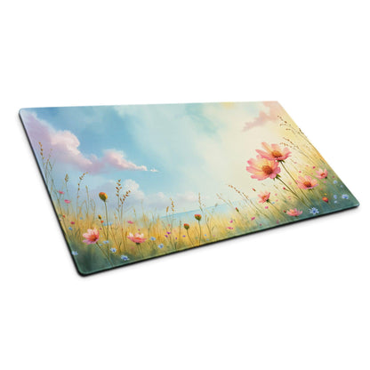 Pastel meadow gaming mouse pad with pink blue wildflowers scene