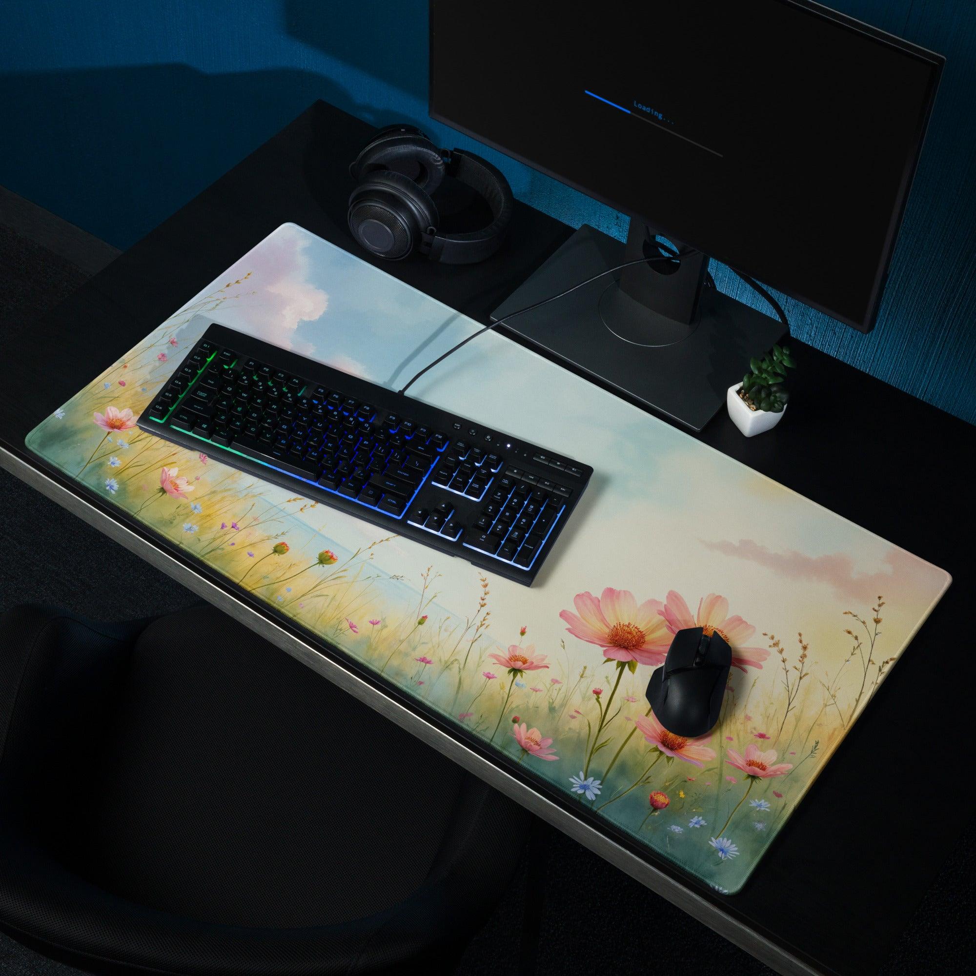 Pastel Meadow large gaming mouse pad with pink floral design on desk
