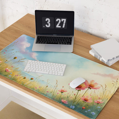 Pastel Meadow large gaming mouse pad with pink blue wildflowers watercolor design