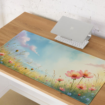 Pastel Meadow large gaming mouse pad with pink blue wildflowers watercolor design