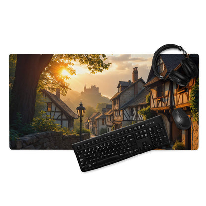 Cinematic sunset village gaming mouse pad with golden hour European scene