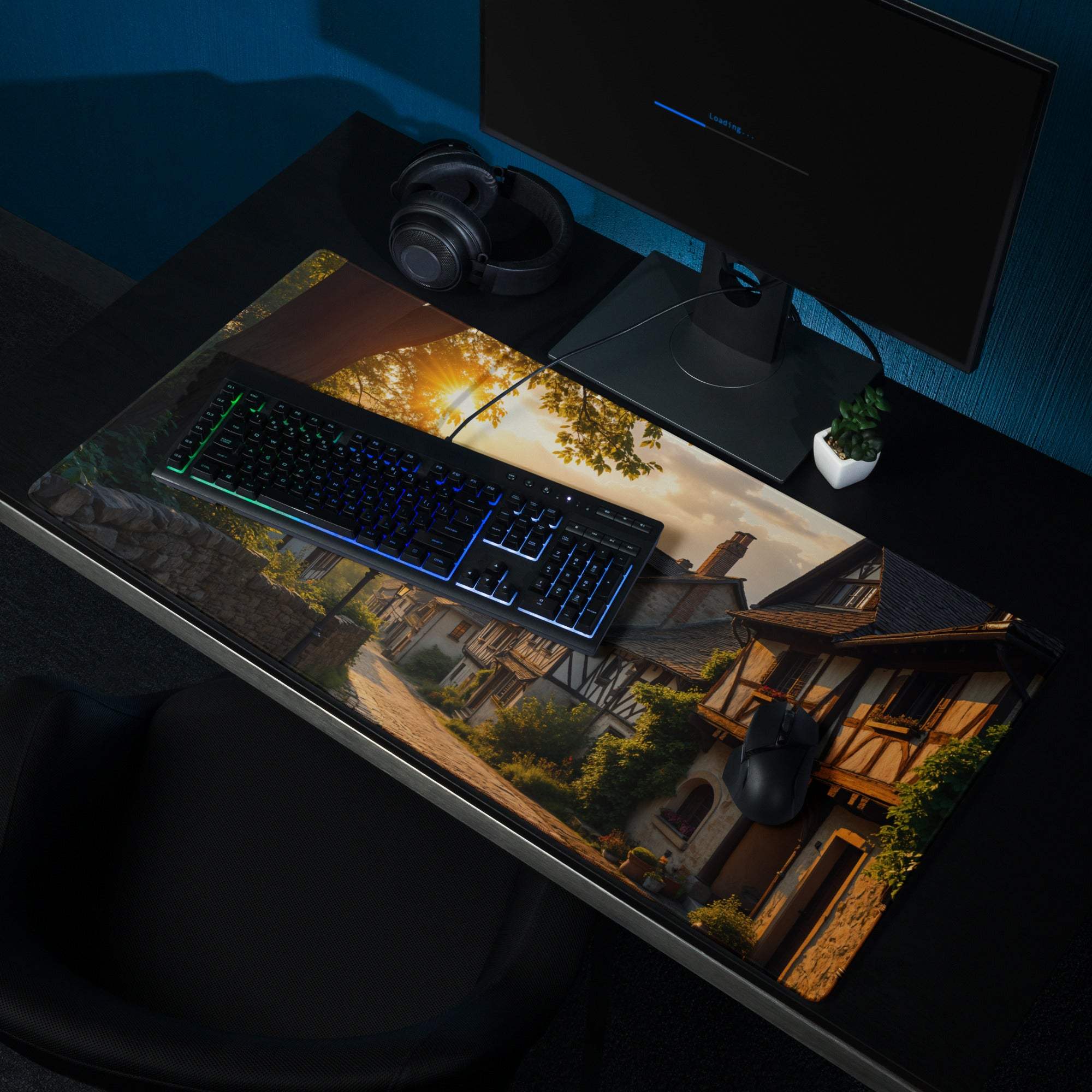 Cinematic Sunset Village large extended gaming mouse pad with sunlit European houses