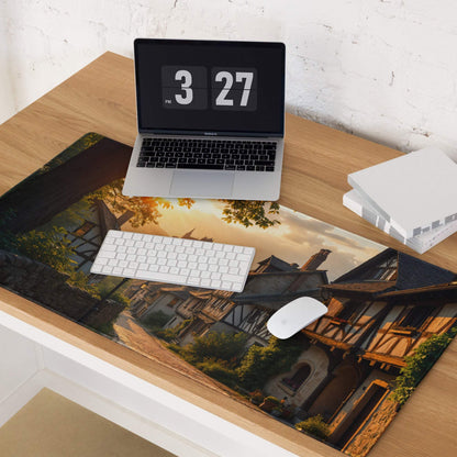 Cinematic sunset village with half-timbered houses on large gaming mouse pad