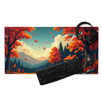 Autumn forest gaming mouse pad with cozy reds, non-slip backing