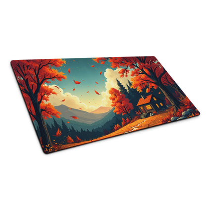 Autumn forest gaming mousepad with cozy reds, trees, cabin, non-slip backing
