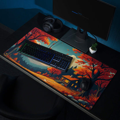 Vibrant autumn forest gaming mouse pad with cozy cabin, reds, non-slip backing