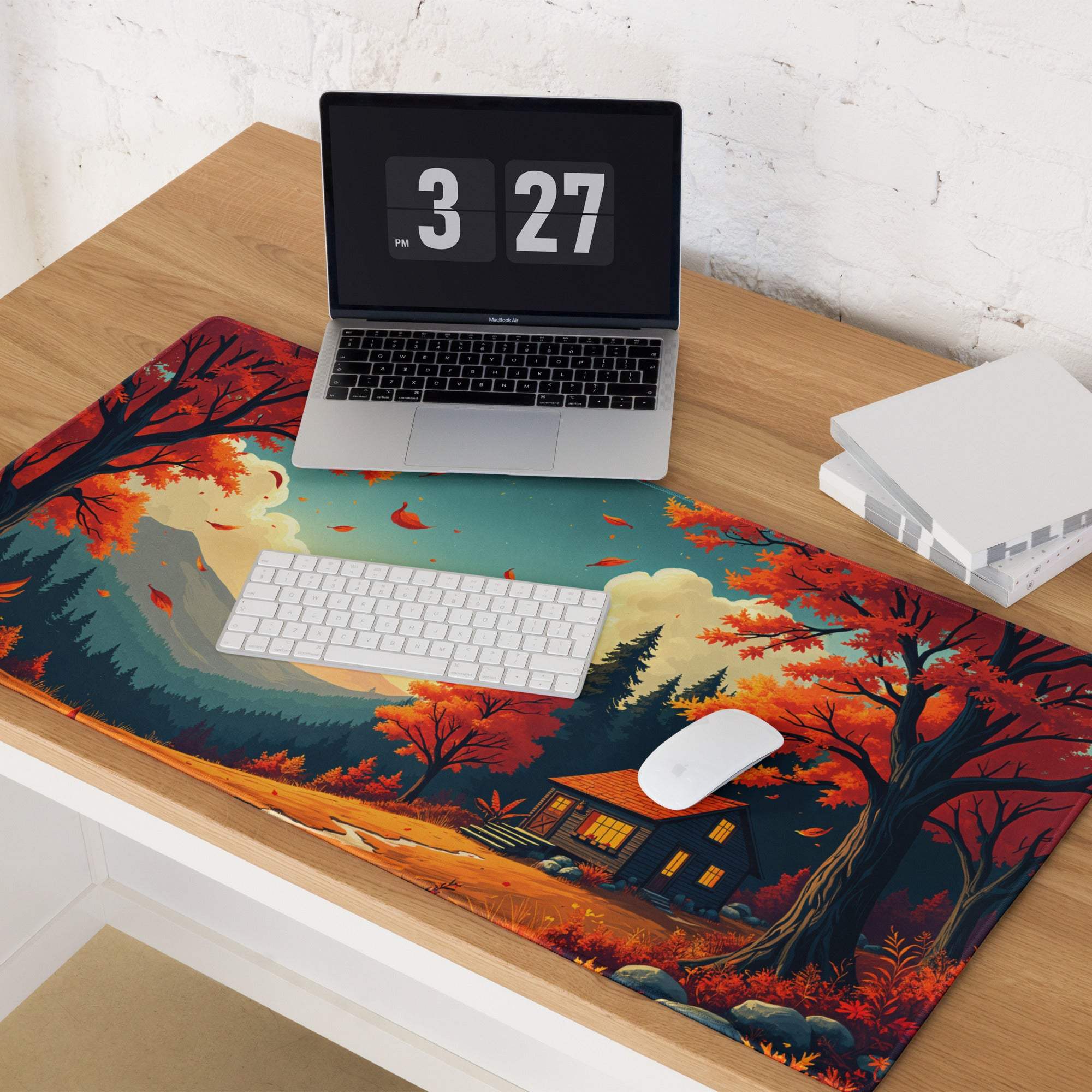 Autumn forest gaming mouse pad with cozy reds, non-slip backing
