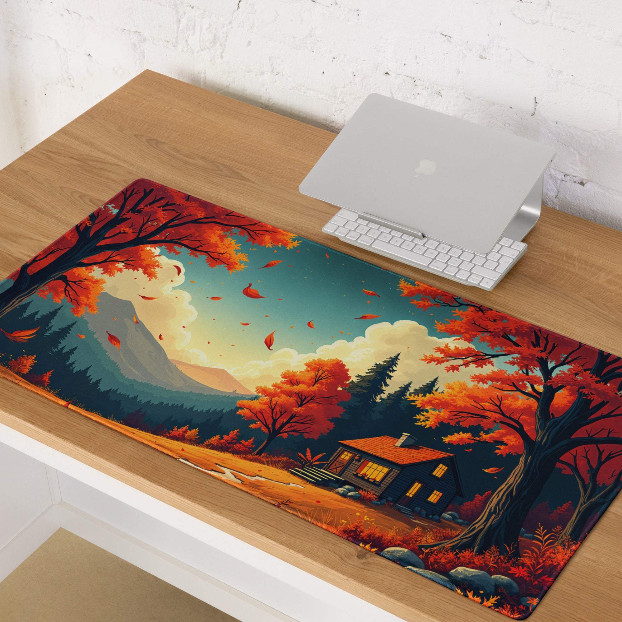 Autumn forest gaming mouse pad with cozy cabin, red trees, non-slip backing