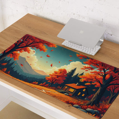 Autumn forest gaming mouse pad with cozy cabin, red trees, non-slip backing