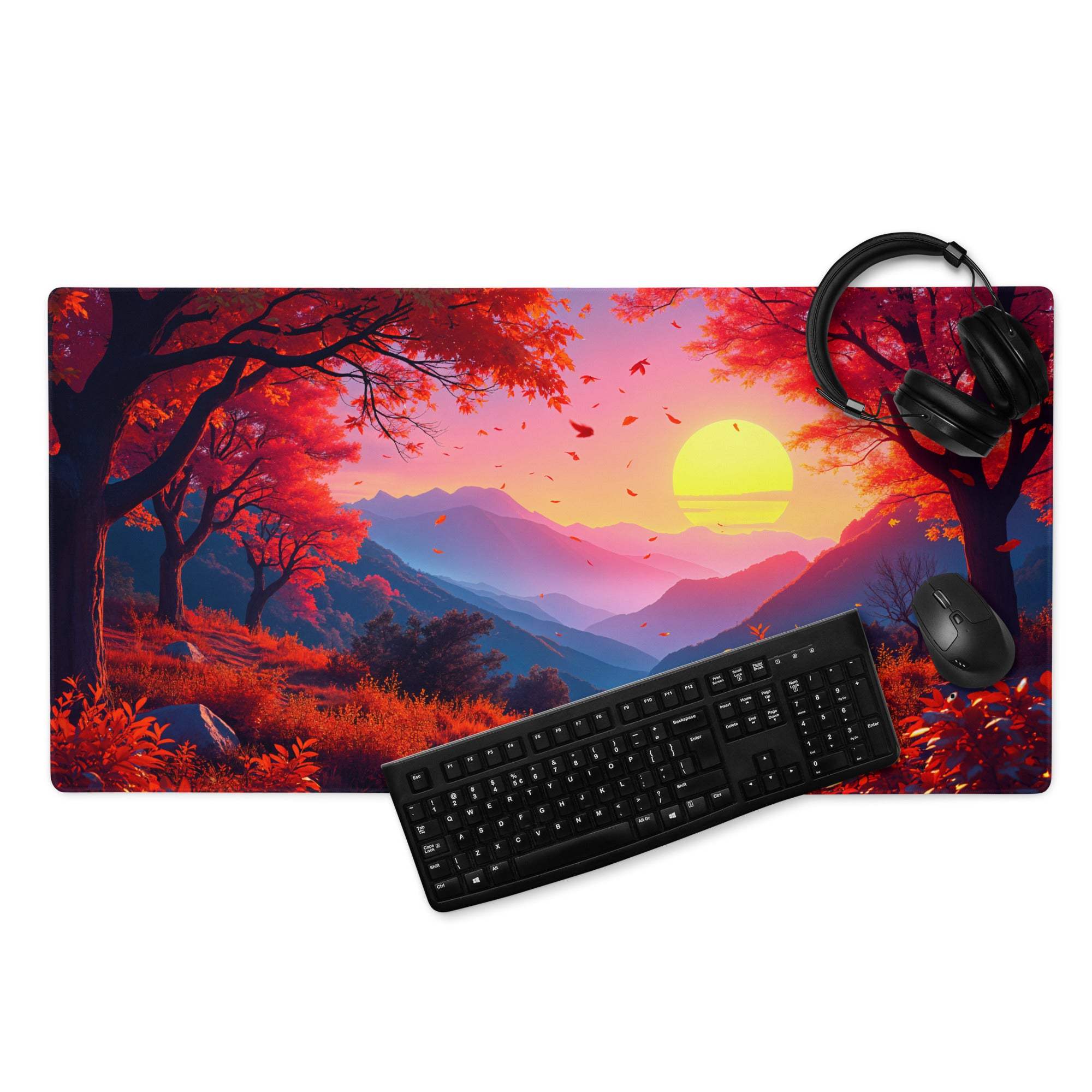 Vibrant sunset forest gaming mouse pad with red trees, purple mountains, non-slip backing