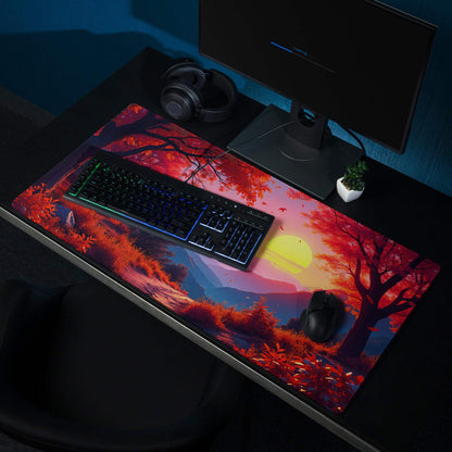Vibrant red orange autumn forest sunset gaming mouse pad glossy finish