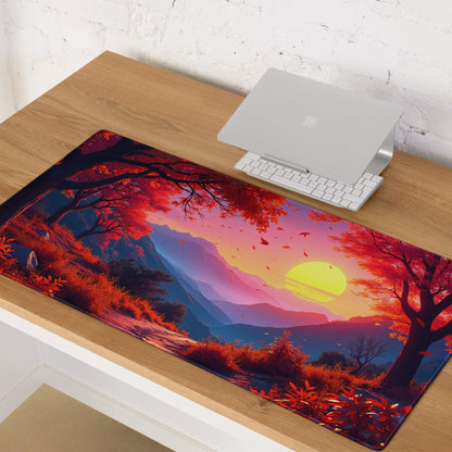 Vibrant red orange autumn forest mousepad with sunset mountains non-slip backing