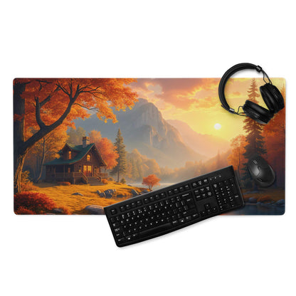 Large autumn landscape gaming mouse pad with cozy cabin sunset, non-slip backing