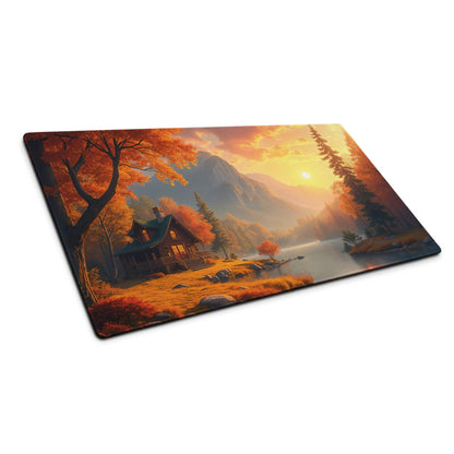 Autumn cabin landscape on large gaming mouse pad with non-slip backing