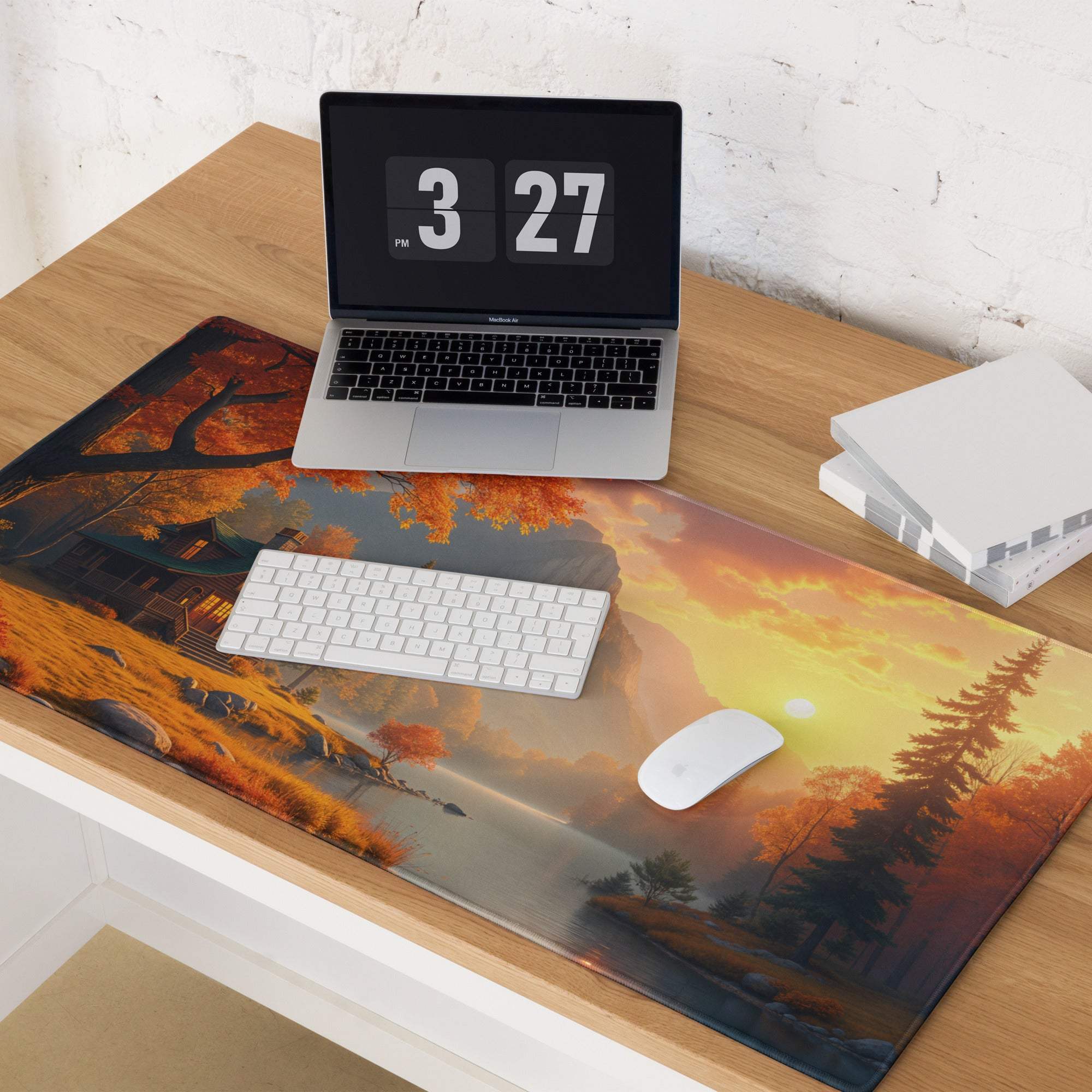Autumn Landscape Warm Sunset Gaming Mouse Pad with orange foliage and sunset