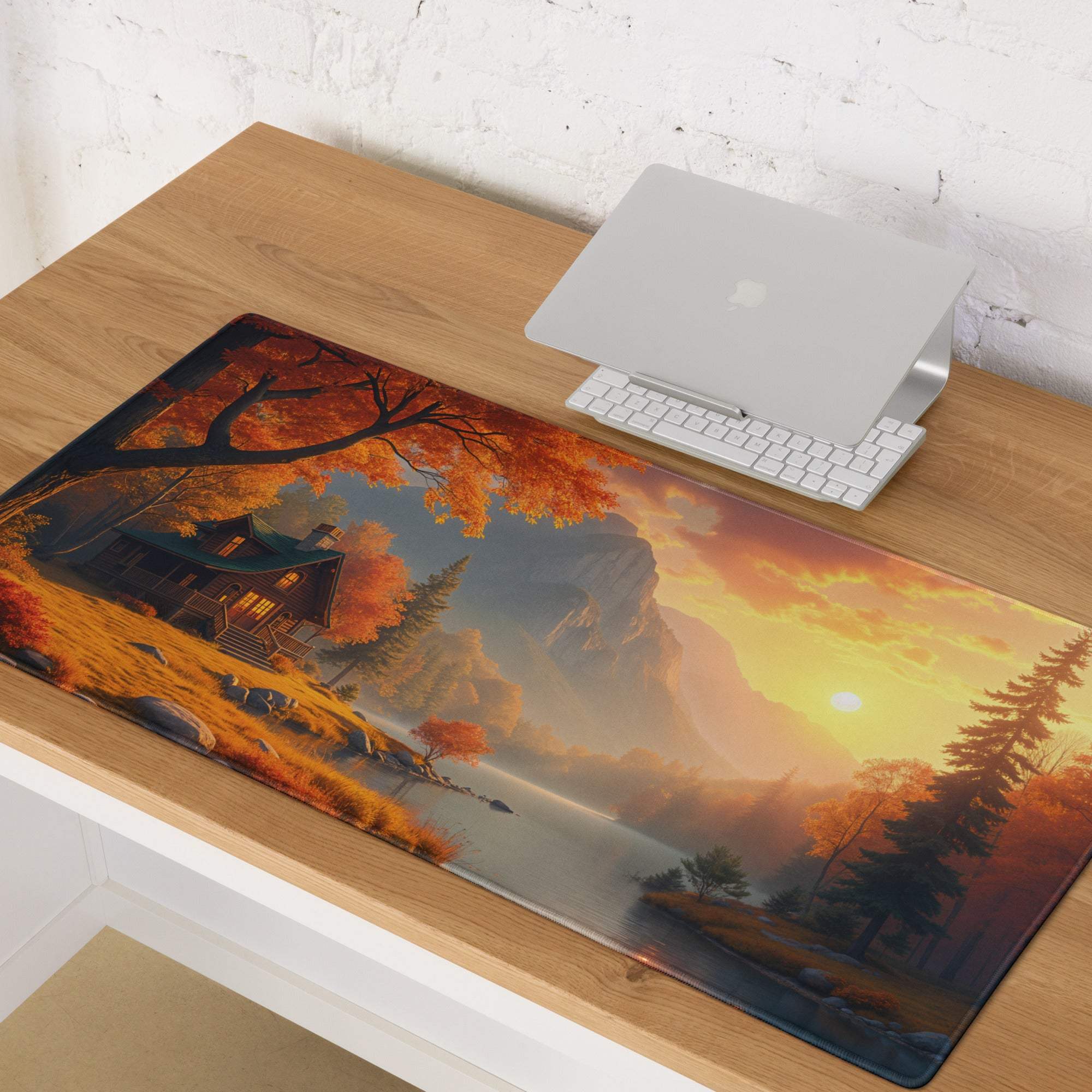 Autumn landscape gaming mouse pad with non-slip backing and stitching