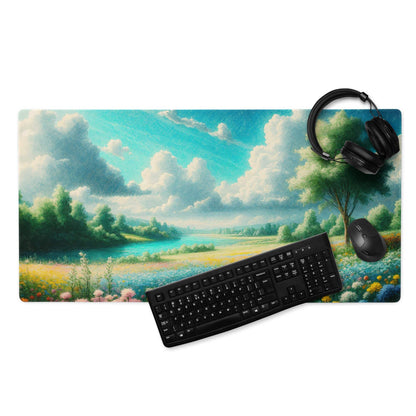 Impressionist landscape gaming mouse pad with hills, river, wildflowers