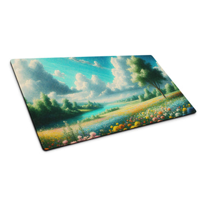 Vibrant impressionist meadow with wildflowers, trees, river on glass cutting board mouse pad