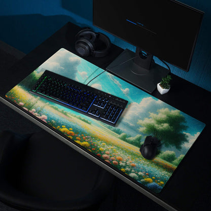Impressionist landscape gaming mouse pad with colorful wildflowers and sky