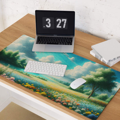 Vibrant impressionist landscape gaming mouse pad with wildflowers and sky