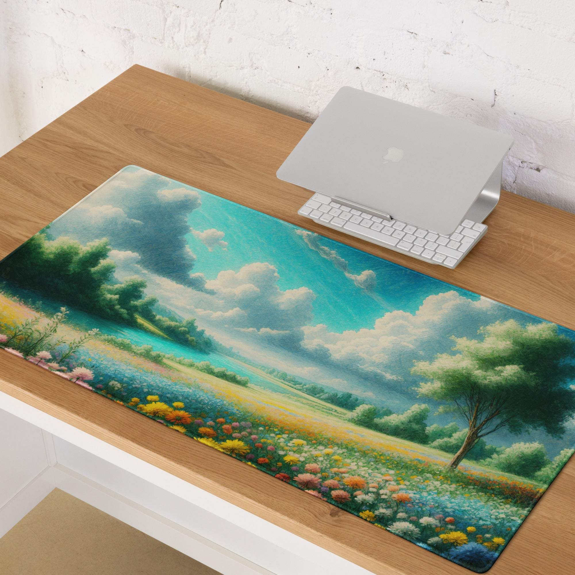 Vibrant impressionist landscape gaming mouse pad with colorful wildflower field and sky