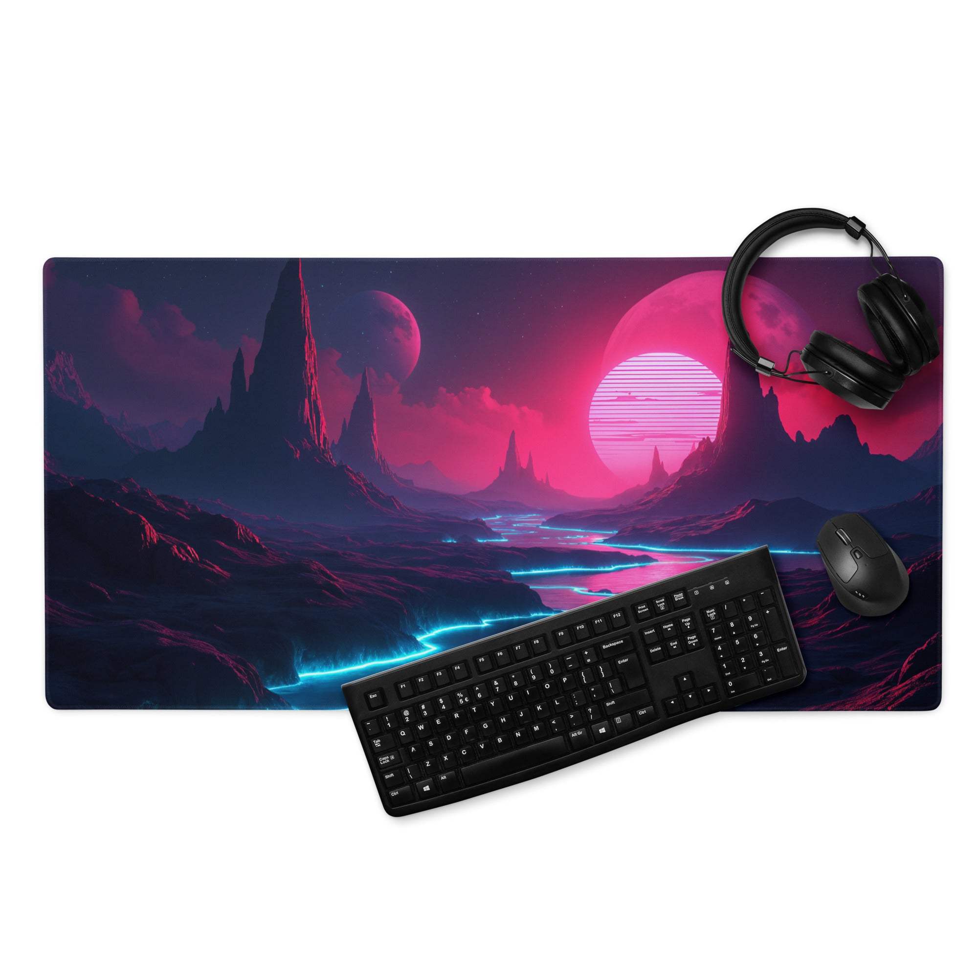 Large neon sci-fi landscape gaming mouse pad with non-slip base