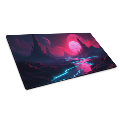 Large neon sci-fi landscape gaming mouse pad with non-slip base