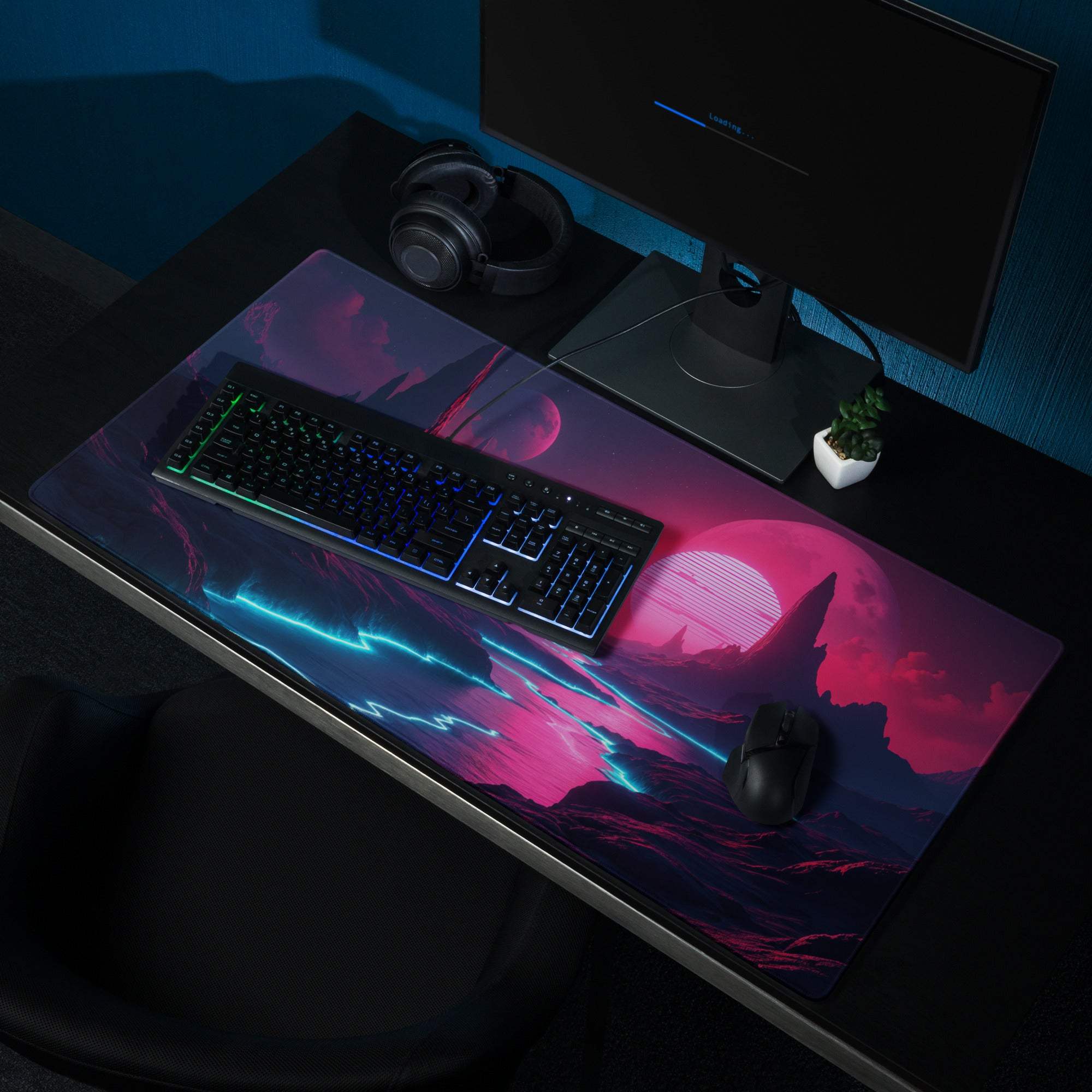 Neon sci-fi landscape gaming mouse pad large size pink blue glossy non-slip stitched