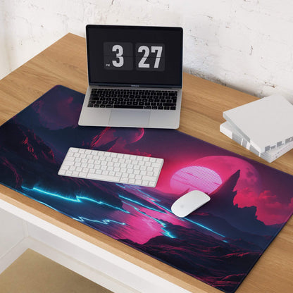 Vibrant neon pink blue cyberpunk landscape large gaming mousepad