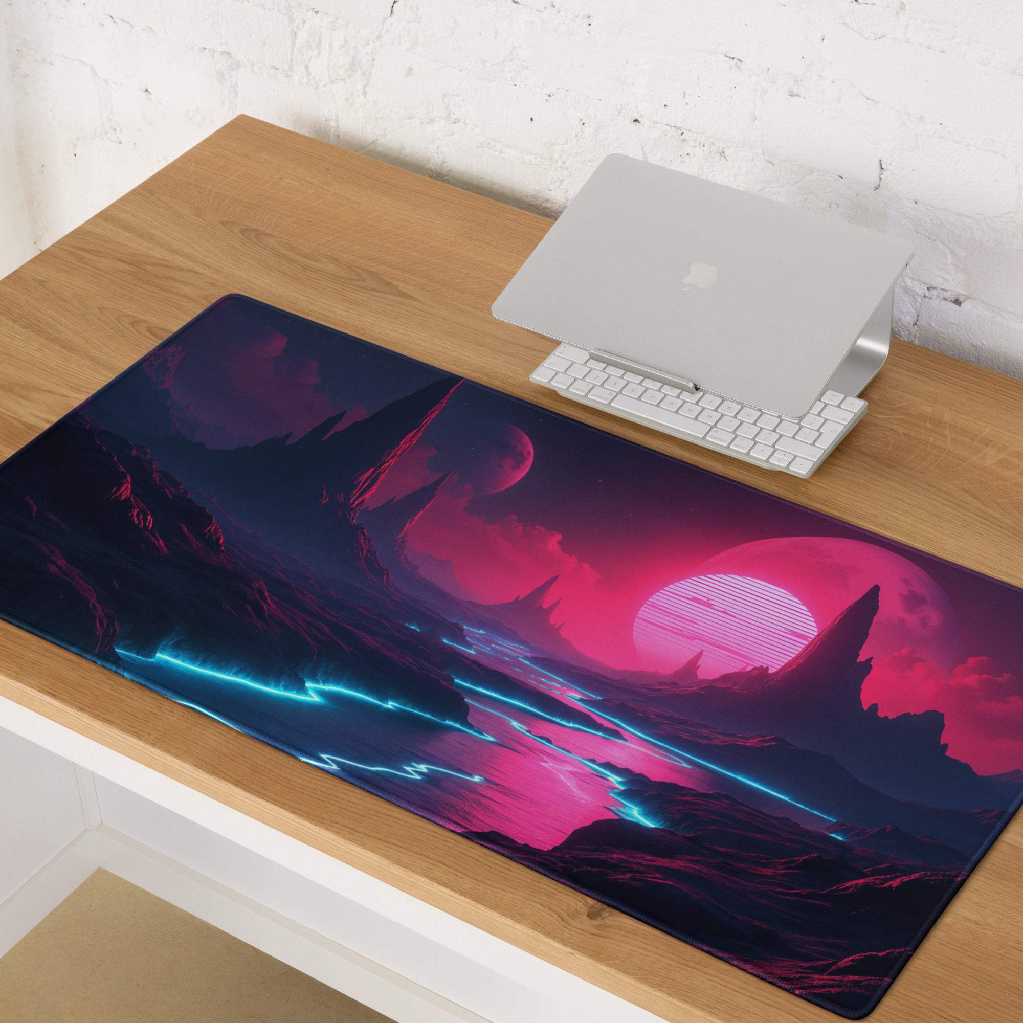 Navy blue magenta cyberpunk landscape gaming mousepad with cyan lightning streaks