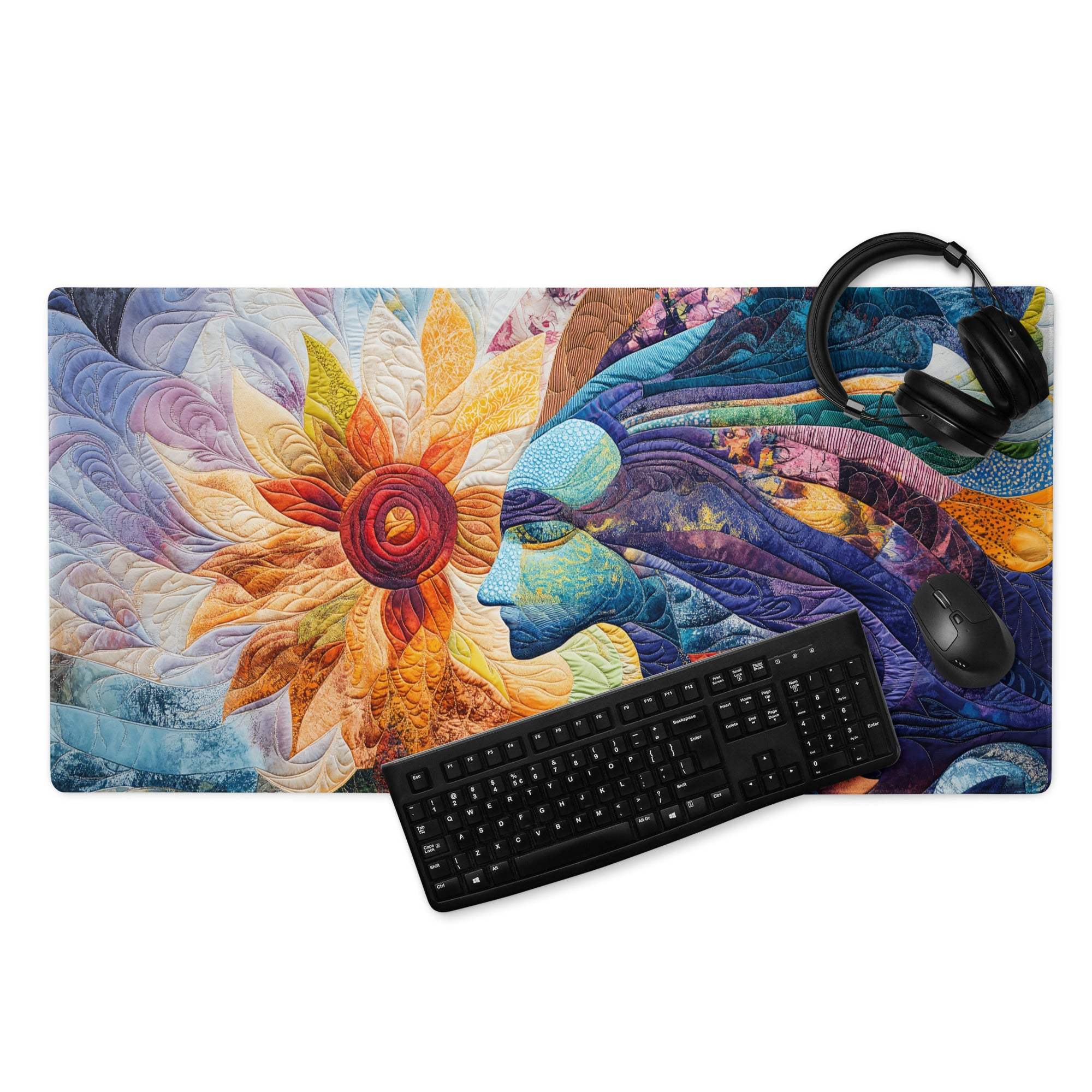 Vibrant multicolor quilted gaming mousepad with abstract face and large sunflower