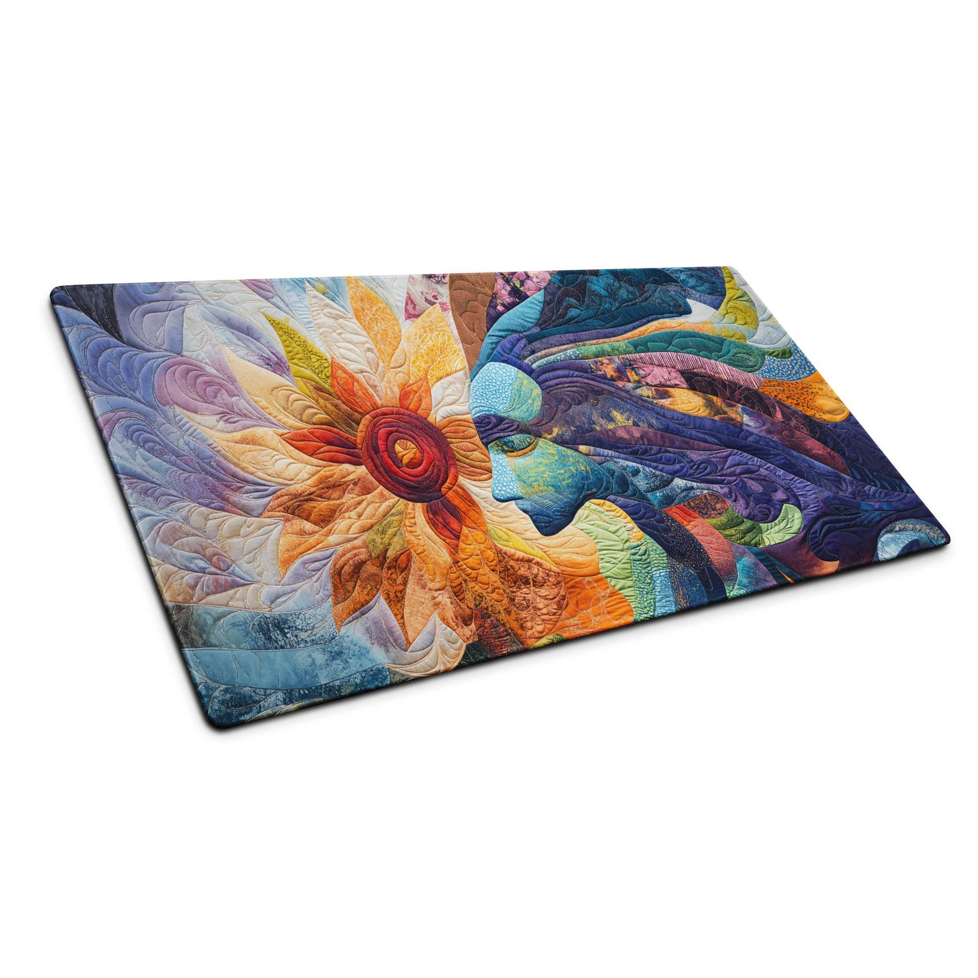 Vibrant quilted patchwork abstract face with large sunflower gaming mouse pad