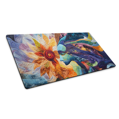 Vibrant quilted patchwork abstract face with large sunflower gaming mouse pad