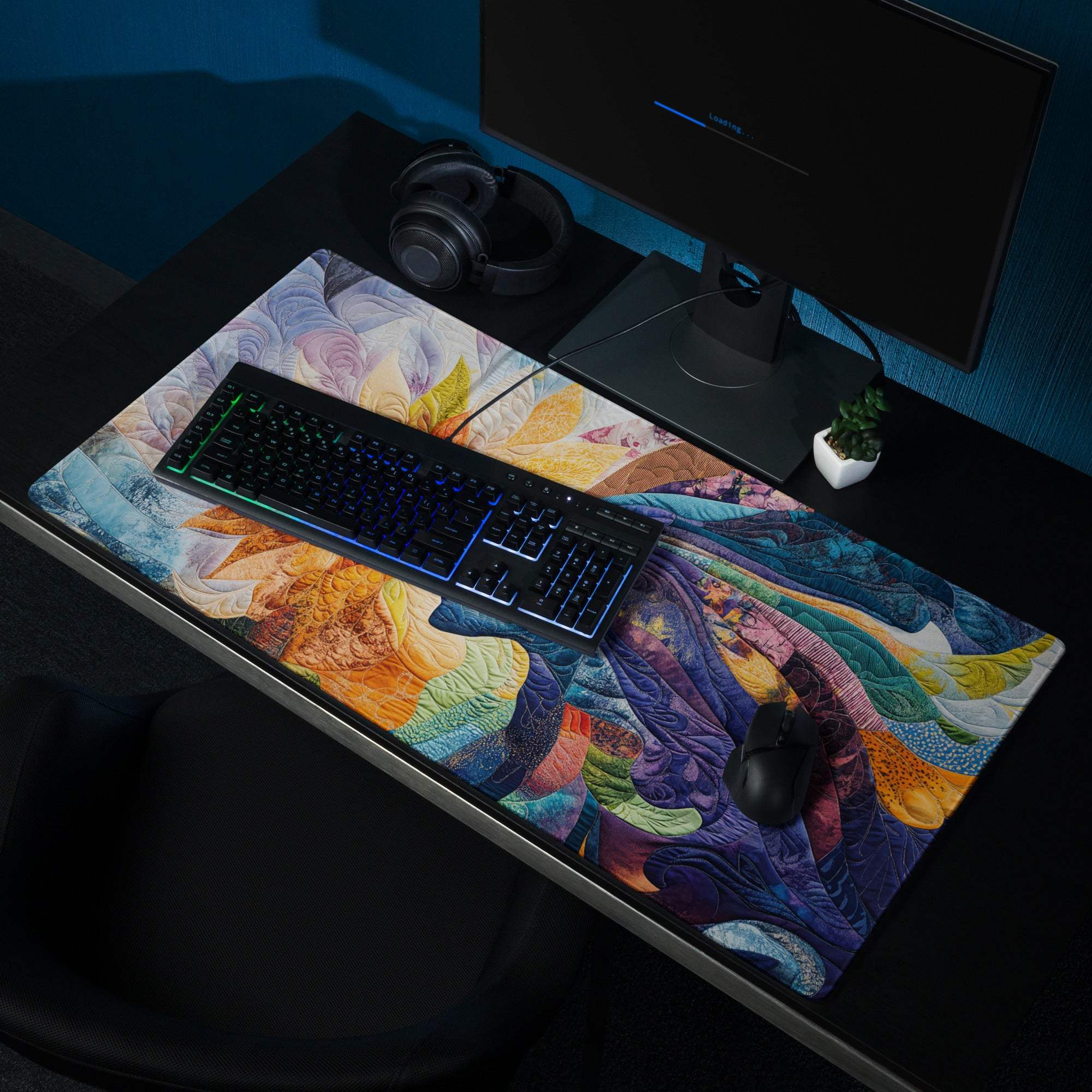 Vibrant quilted patchwork abstract face sunflower multicolor gaming mouse pad