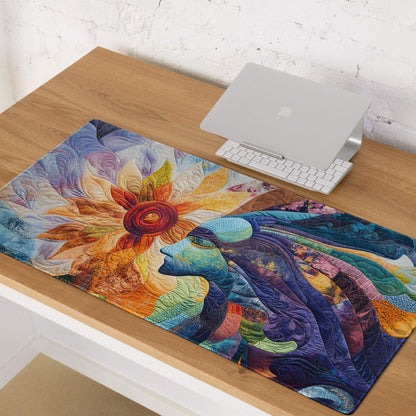 Vibrant quilted patchwork abstract face with large sunflower multicolor gaming mouse pad