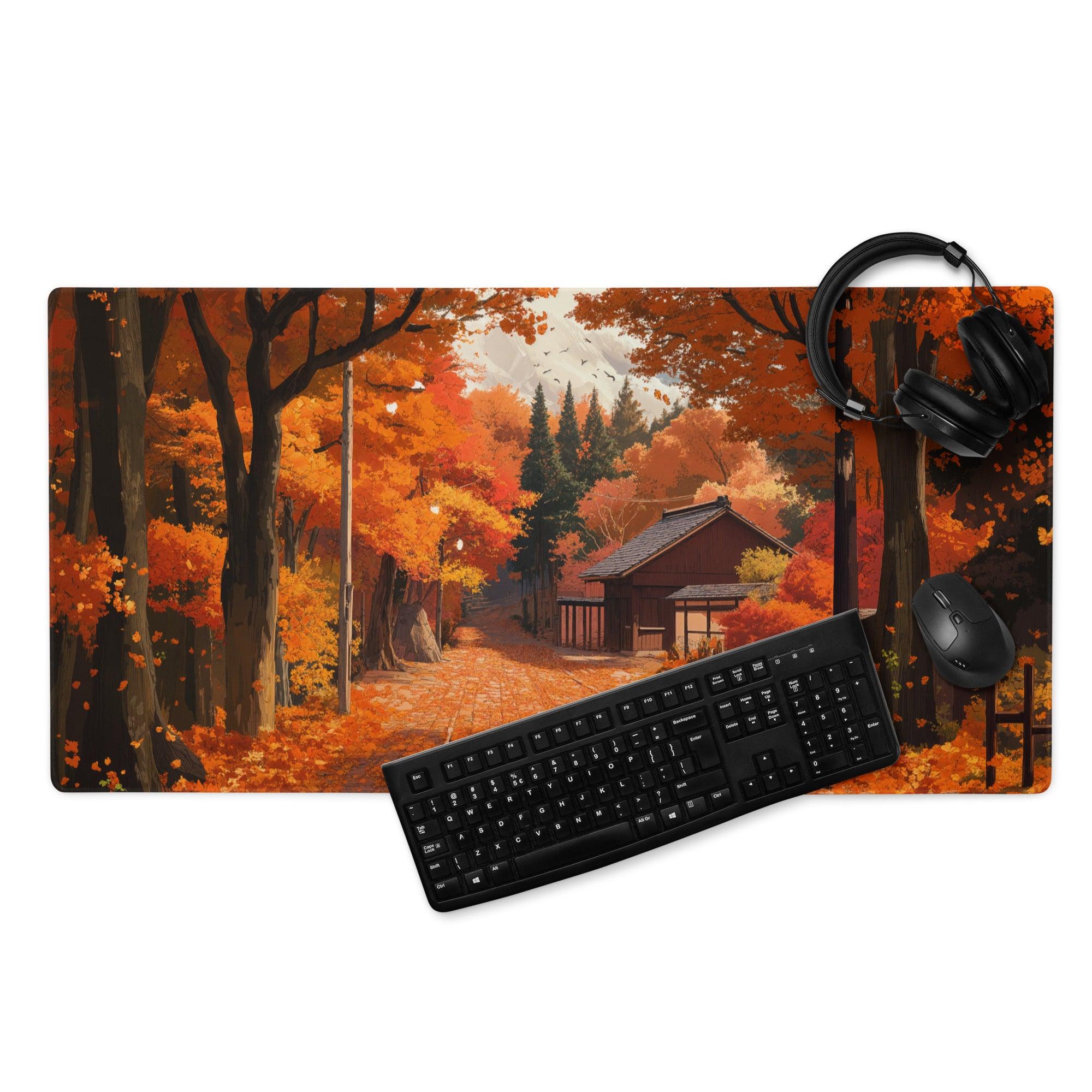 Impressionist autumn forest path mouse pad with warm orange gaming vibe