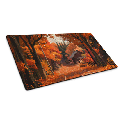 Impressionist autumn forest path mouse pad with orange red trees and leaves