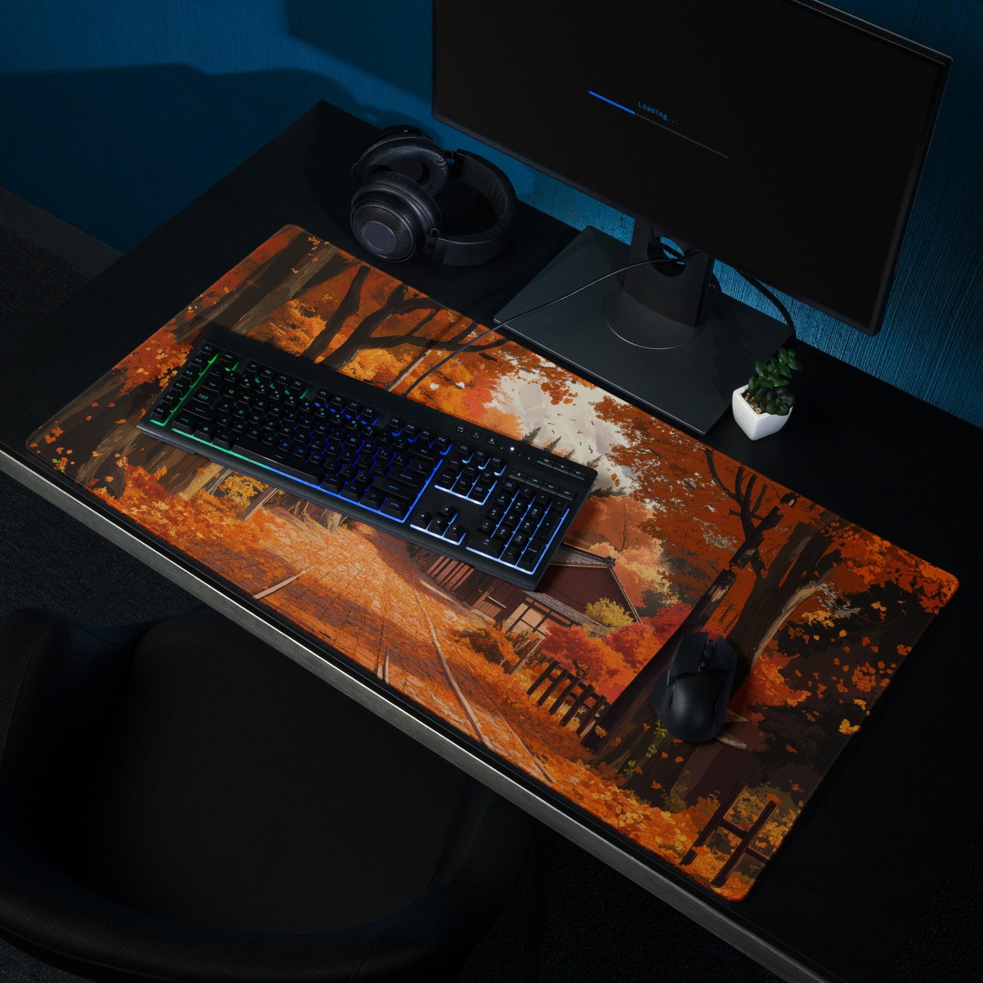 Impressionist autumn forest path gaming mouse pad with orange trees and Japanese architecture