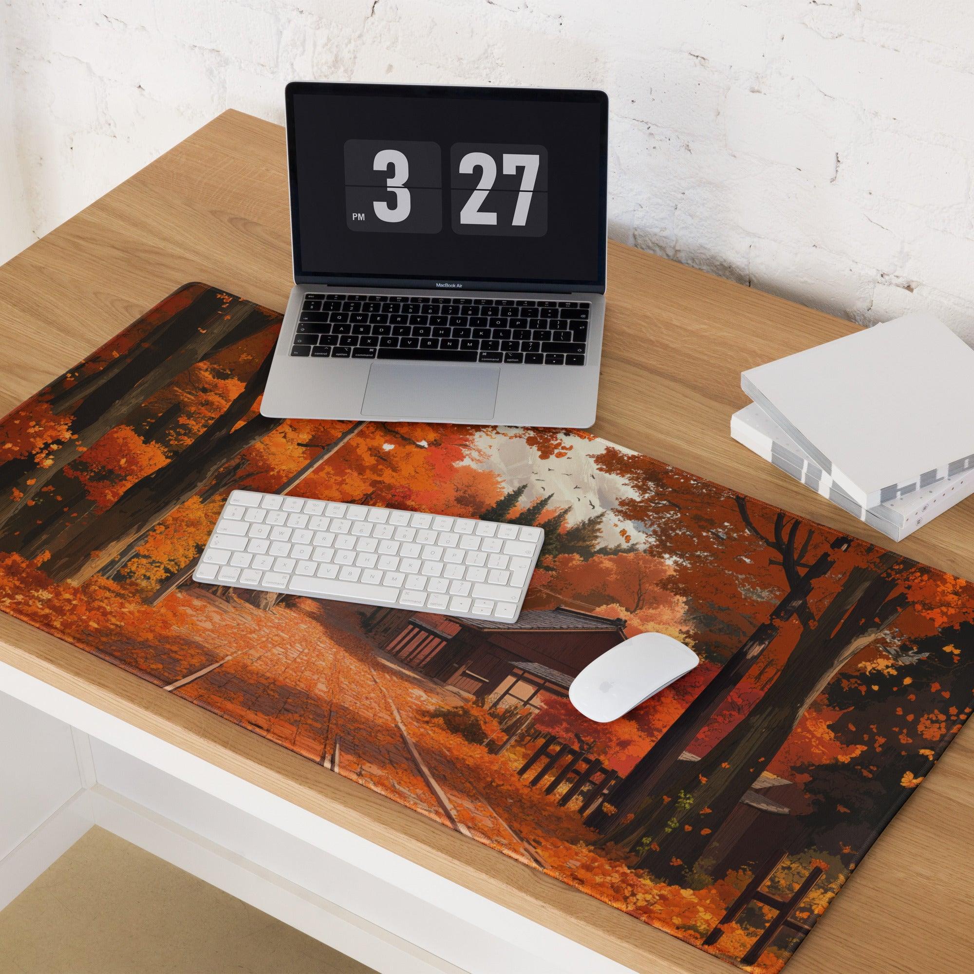 Impressionist autumn forest path mousepad with Japanese house and falling leaves