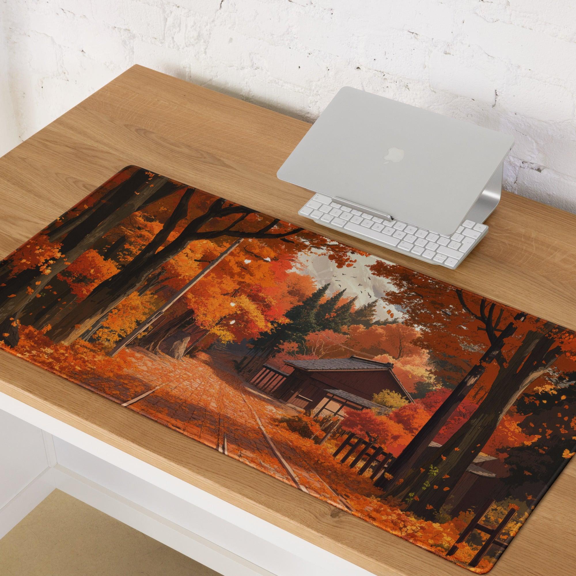 Impressionist autumn forest path mouse pad with orange leaves and Japanese house